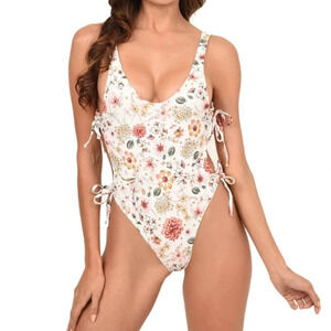 NWT Kati One Piece Side Tie Swim Bathing Suit Floral Print M